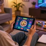 Engaging user playing on zx88 com casino app on tablet, surrounded by a cozy gaming atmosphere.
