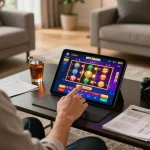 Player interacting with the god55 casino app on a tablet, showcasing vibrant slot games.