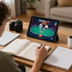 Engaging scene of Poker Online Domino QQ being played on a tablet surrounded by strategy notes.