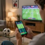 Engaging in kèo bóng đá trực tuyến using mobile app to bet on live matches in a cozy home setting.