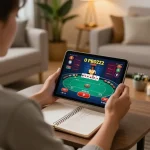 Engaging in online casino gaming at home using a tablet, experiencing link gg88 with exciting poker gameplay.