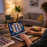 Enjoying immersive online gaming at hubet, player engaged with laptop displaying vibrant slot games.