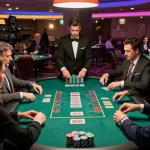 Engaging blackjack gameplay at a modern casino showcasing vipwin atmosphere with players placing bets and interacting