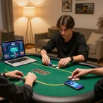 Hello88 online gaming setup shows a player engaged in poker, with chips and device nearby.