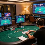 Player strategizing in online gaming at dn88 casino, engaging with vibrant poker action on multiple screens.