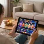 Player spins slot games on tablet in a cozy living room setting, showcasing exciting online gameplay.
