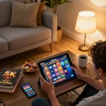 Engaged player enjoying a slot 5k game on a tablet in a cozy home environment with strategic elements.