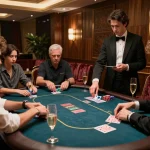 High-stakes poker action at 11win's elegant VIP gaming area with players and dealer.