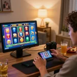 Engaging gameplay on mposport as a player spins slots on a smartphone in a cozy living room.