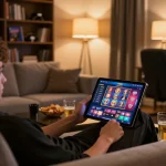 Player enjoying king33 slots on tablet in a cozy home gaming setup with ambient lighting