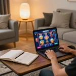 KDTOTO player engaging in online gaming with a cheerful expression, showcasing interactive slot machine interface.
