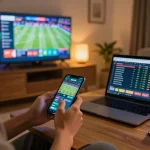 Engaging in open 88 sports betting through a smartphone, showcasing live odds and a vibrant atmosphere.