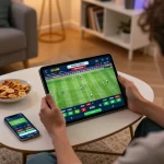 Engaging in kèo bóng đá trực tuyến betting, a user analyzes real-time odds on a tablet in a cozy home setting.