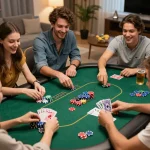 A lively poker game at home showcasing players enjoying hytw3339, with colorful chips and cards on the table.