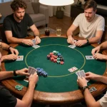 Iwin players enjoying a fun poker night at home, showcasing cards and colorful poker chips.