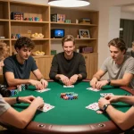 IWIN68 poker night with friends focused on gameplay and vibrant chips in a cozy home setting.