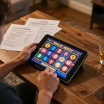 Engaging gaming session featuring kdslot77 on a tablet while enjoying a cozy home environment.