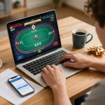 Pemain yang terlibat dalam strategi poker di aplikasi kasino empire99 di rumah dengan suasana elegan.