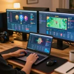 Engaging user playing kdslot online in a cozy home office with laptop setup.