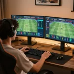Engaging in sports betting with 888New app on dual monitors, showcasing live stats and odds.