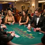 Engaged players strategizing at blackjack table in luxury casino setting with Q88 atmosphere.
