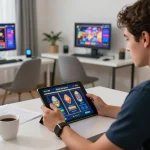 Engaging with situs slot gacor on a tablet in a modern home office, showcasing a focused online gaming experience.