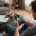 Player engaged in tg88 đăng nhập on mobile app at home, showcasing online gambling with strategic notes.
