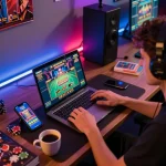 Engaging online gaming scene with a player at their setup enjoying f8beta2 slots and live dealer games