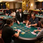 Players engaging in intense blackjack gameplay at 99ok casino, highlighting a luxurious and thrilling atmosphere.