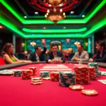 Aktive Spieler am casinospielen Tisch mit bunten Chips und Karten, die Spannung erhöhen.
