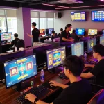 Players enjoying immersive slot gacor games in a vibrant gaming lounge filled with energy and excitement