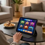 Engaging in SC88 mobile casino gameplay on a tablet in a cozy home setting.