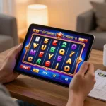 Pemain yang bersemangat terlibat dengan permainan slot online di tablet selama sesi bermain di rumah yang nyaman.