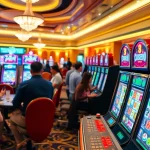 Menangkan togel389 di mesin slot kasino sambil dikelilingi pemain lain yang bersemangat.