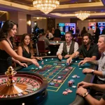 Xóc đĩa online gameplay at a casino with players betting and croupier actively managing the table.