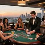 Engaged players at NK88's blackjack table showcasing excitement in a luxurious casino atmosphere.