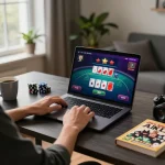 Player engaging in exciting online poker gaming on max88pro setup with laptop and strategy notes