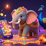 Engage with ดูหนังออนไลน์ฟรี24ชั่วโมง showcasing Diwali-themed elephant amidst vibrant casino elements and a colorful slot game.