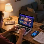 Playing exciting games on VT88 com with laptop at home, showcasing online gaming atmosphere.