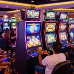 Players enjoying vibrant slot machines at Tr88 trang chủ, celebrating wins in an energetic casino atmosphere