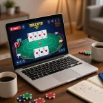 Engaging player experiencing dh88 online poker game on laptop with vibrant chips and strategies