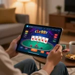 Player enjoying Lc88 trang chủ on a tablet in a cozy home environment.