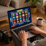 Engaging in Qh88 trang chủ online slot game from home, showcasing vibrant gameplay.