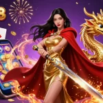 Join the thrill at NEW88 with a stunning warrior queen and golden dragon amid colorful gambling elements.