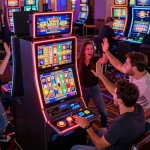 Fun88 players celebrating wins at a lively slot machine, showcasing vibrant casino energy.