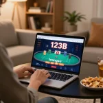 Engaging online gaming scene showcasing 123B trang chủ with a focused player enjoying poker at home.