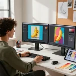 A digital artist utilizing nano banana 2 in a modern workspace, showcasing vibrant AI-generated images and creative tools.