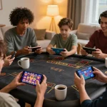 Players enjoying the 8KBET online casino app on smartphones in a cozy home environment.