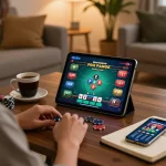 Person playing poker on a tablet in a cozy living room, showcasing the fly88mb online gaming experience.