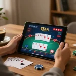 Engaged player at 88aa trang chủ using a tablet for poker, with strategy notes and warm lighting.